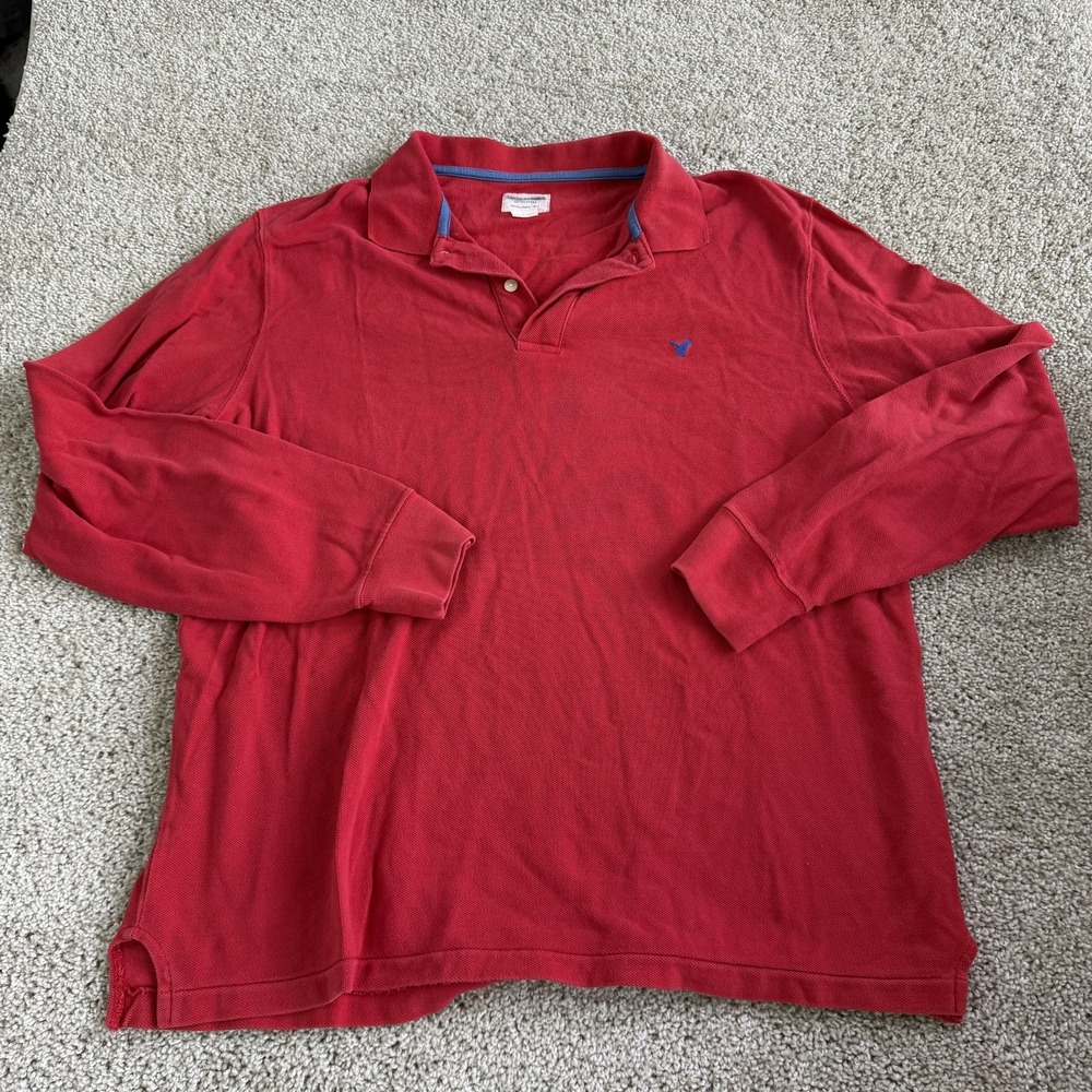 Y2K American Eagle Outfitters Polo Shirt Mens L Red Solid Knit Long Sleeve